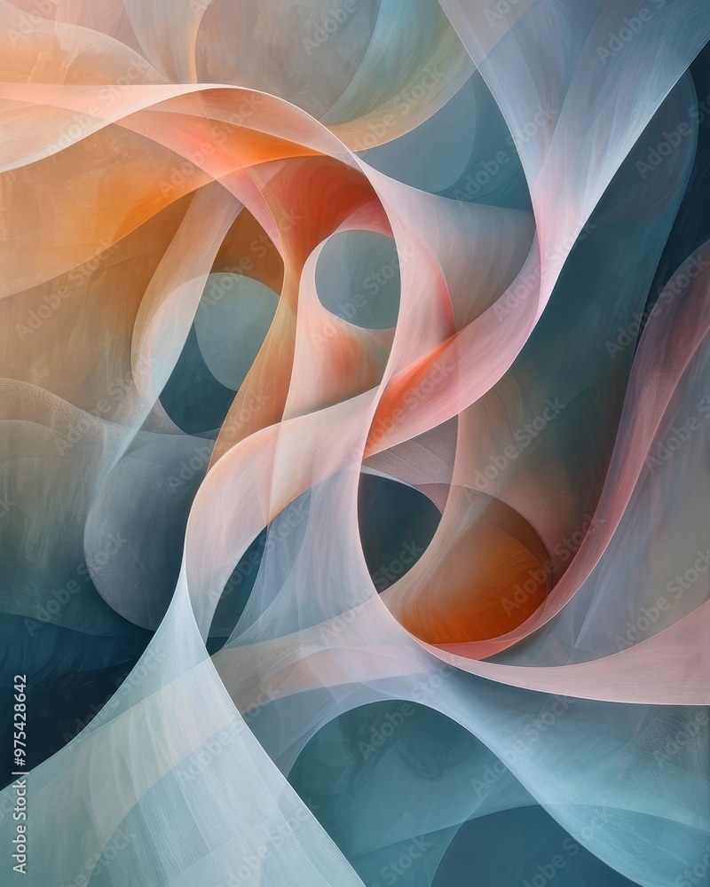 Poster abstract wave pattern showcasing soft hues of orange and blue, creating a fluid and dynamic visual e