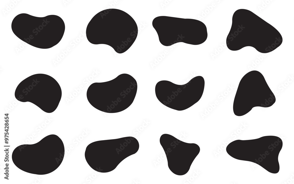 Poster Random blob shapes. Black cube drops. Organic black blobs irregular shape.  liquid shadows random shapes. Black cube drops simple shapes. Basic stains isolated elements