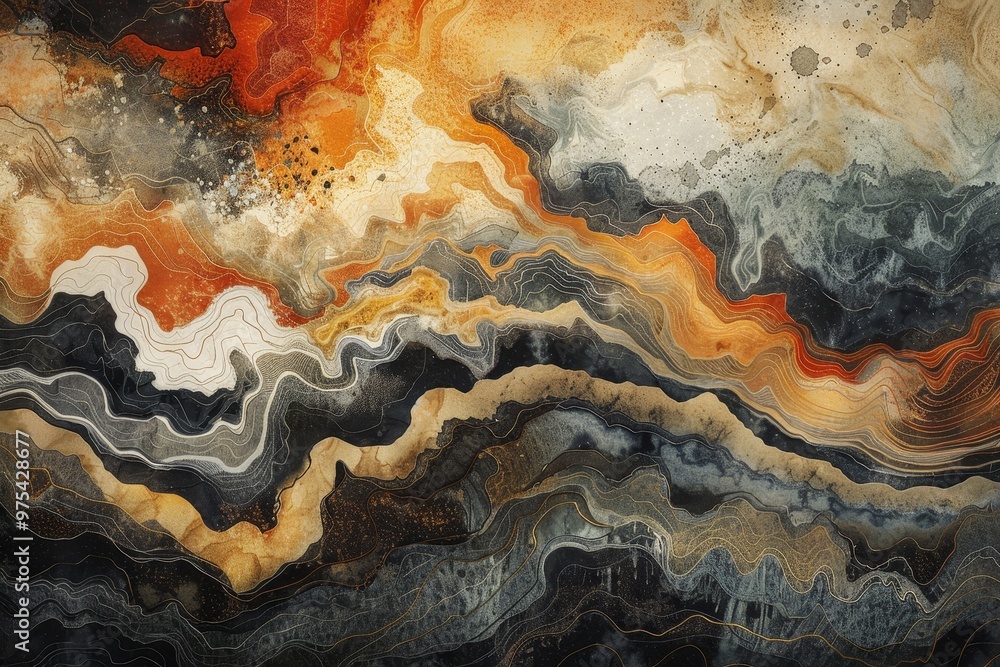 Poster an abstract art piece featuring dynamic waves of color in earthy tones, creating a sense of movement