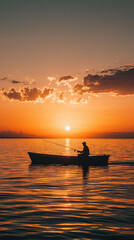 A silhouetted fisherman on boat in calm waters during stunning sunset creates serene and peaceful atmosphere. vibrant colors of sky reflect beautifully on waters surface, enhancing tranquil scene