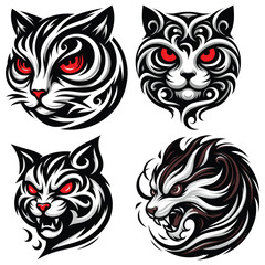 Obraz premium Vector illustration of stylized feline faces in black and red, isolated on white background