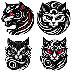 Fototapeta premium Intricate cat head vector illustrations black white and red on white background, perfect for tattoos