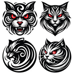 Obraz premium Fierce cat illustrations with red eyes in black and white, vector art, tattoo or logo design