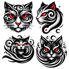 Obraz premium Abstract wild cat head illustrations, black red white vector art on white, tattoo design