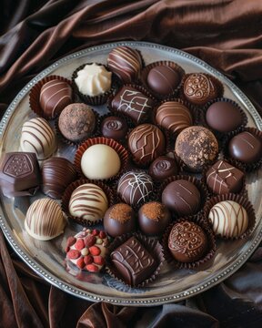 An elegant assortment of assorted chocolates on a decorative plate, perfect for dessert lovers and special occasions.
