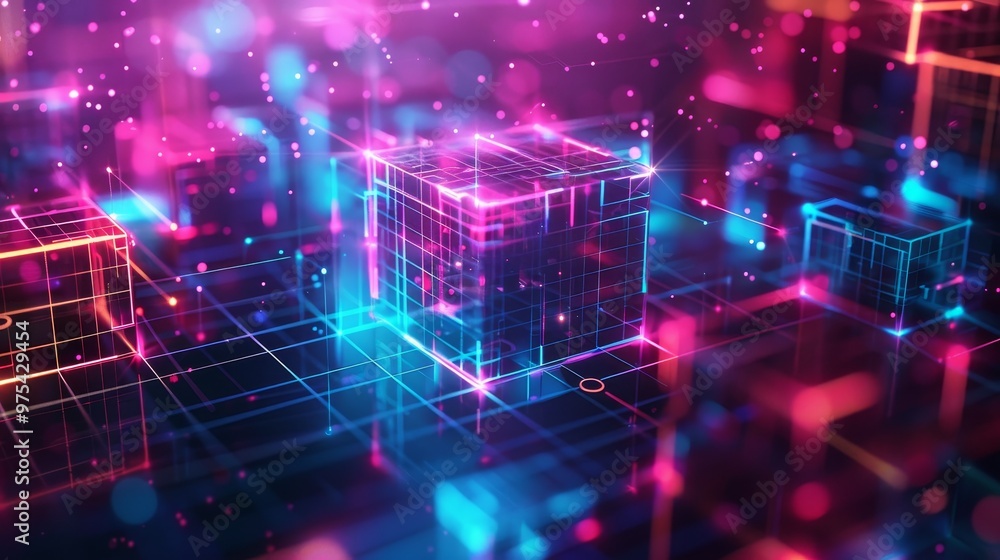 Poster captivating digital background featuring glowing cubes and vibrant colors, ideal for technology and 