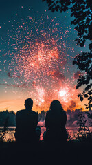 A couple silhouetted against vibrant fireworks display, enjoying magical evening by water. colorful explosions light up sky, creating romantic atmosphere