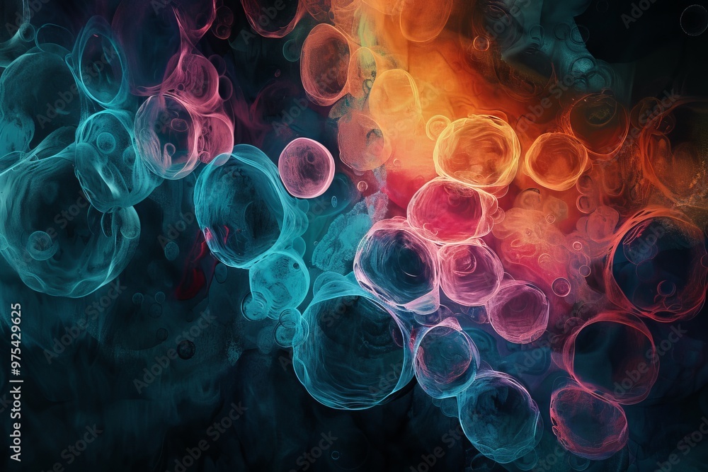Poster colorful abstract bubbles floating in a dark background, creating a mesmerizing effect of light and 