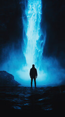 Fototapeta premium A person stands silhouetted in front of glowing waterfall, surrounded by mist and darkness, creating dramatic and captivating scene. contrast of light and shadow evokes sense of wonder and tranquility