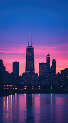 Fototapeta premium A stunning silhouetted skyline of city at twilight, showcasing glowing buildings against vibrant purple and blue sky. reflection on water adds to serene atmosphere