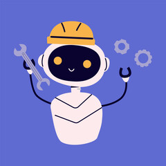 Ai robot doing repair work flat illustration. Artificial intelligence support. Chat bot or ai for work vector illustration. Cute robot clip art.