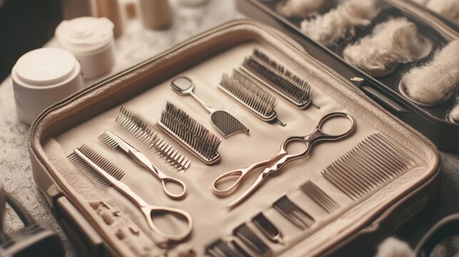A neatly organized pet grooming kit featuring various brushes and scissors, placed in a sleek case, showcasing high-quality tools for grooming pets.