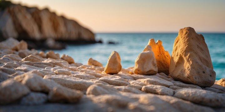 Limestone rock formations with grottoes near the ocean.