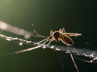 Detailed view of a mosquito holding onto a thin spider web thread, the web glistening in the light.