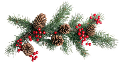 Christmas Composition with Fir Branches, Red Berries, and Pine Cones on White Background