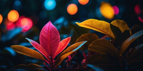 An organism framed in neon surrounded by tropical leaves at midnight.