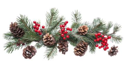 Christmas Composition with Fir Branches, Red Berries, and Pine Cones on White Background