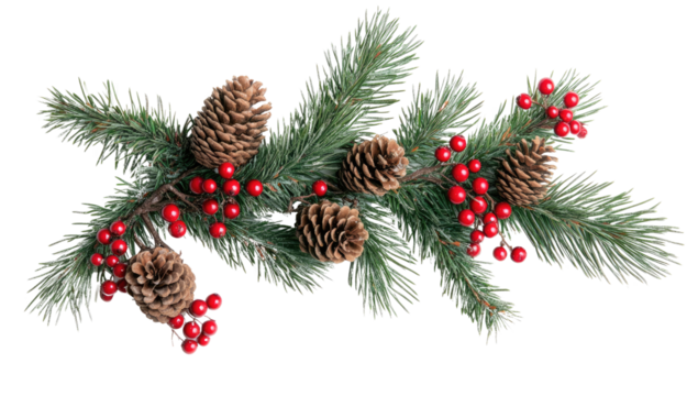 Christmas Composition with Fir Branches, Red Berries, and Pine Cones on White Background