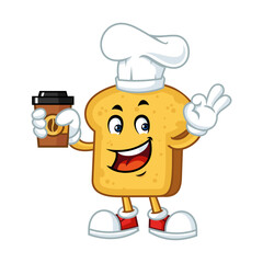 Cute cartoon toast bread chef character mascot holding a coffee cup.