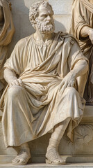 Stoic teachings being shared among group of philosophers, showcasing seated figure with beard, draped in toga, embodying wisdom and contemplation. scene reflects ancient philosophical discourse