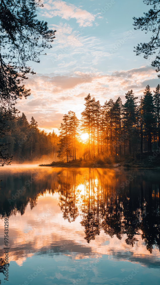 Wall mural A stunning sunset over calm Swedish lake, with trees beautifully reflected in water, creating serene and peaceful atmosphere. warm colors of sky enhance tranquil scene