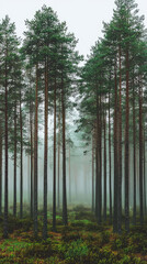 Obraz premium Misty morning in Swedish pine forest, showcasing tall trees surrounded by fog and lush greenery. serene atmosphere evokes sense of calm and tranquility