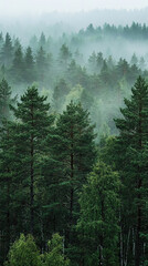 Obraz premium Misty morning in Swedish pine forest, showcasing lush greenery and serene fog enveloping trees. tranquil atmosphere evokes sense of peace and connection with nature