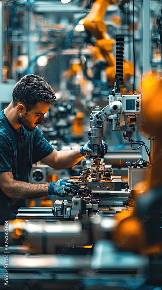 Poster technicians repairing machines in busy factory environment, showcasing teamwork and precision in vib