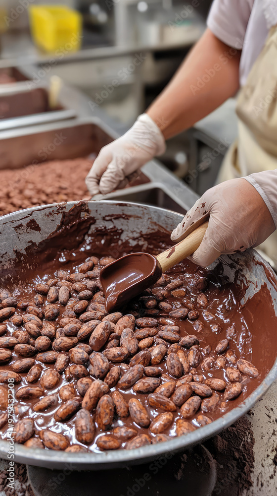 Poster process of tempering chocolate involves carefully mixing cacao beans with melted chocolate to achiev