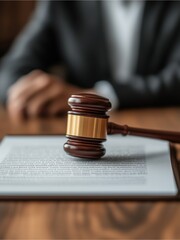 Judge's gavel on a legal document symbolizing law, justice, and court ruling.