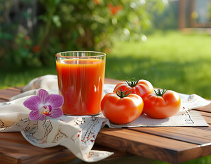 The image of Tomatoes juice on a nice table for any purposes.