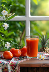 The image of Tomatoes juice on a nice table for any purposes.