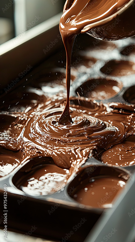 Poster smooth shiny surface of tempered chocolate flows gracefully into molds, creating rich and inviting t