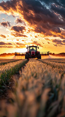 Fototapeta premium A tractor with large fertilizer tank sprays crops under stunning sunset, creating picturesque scene in field. vibrant colors of sky enhance agricultural landscape, evoking sense of tranquility and pro