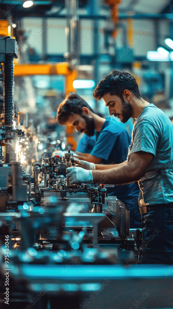 Poster high energy factory workers focus on assembly tasks, showcasing teamwork and precision in dynamic in