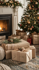 Obraz premium Cozy holiday themed living room with wrapped gift boxes, decorated Christmas tree, and warm fireplace. scene evokes feelings of joy and celebration