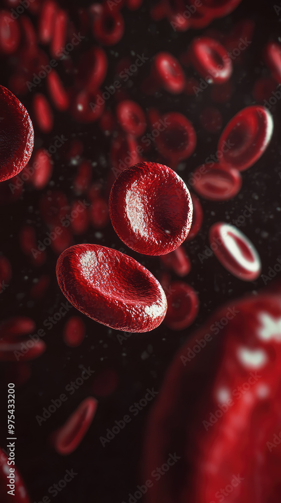 Poster zoomed in image of blood cells flowing through vein, showcasing vibrant red color and intricate deta