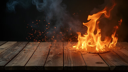 Wooden table with Fire burning at the edge of the table fire particles sparks and smoke in the air with fire flames on a dark background to display products