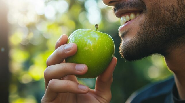 Man holding a green apple with a smile, nature background. Healthy eating and lifestyle concept