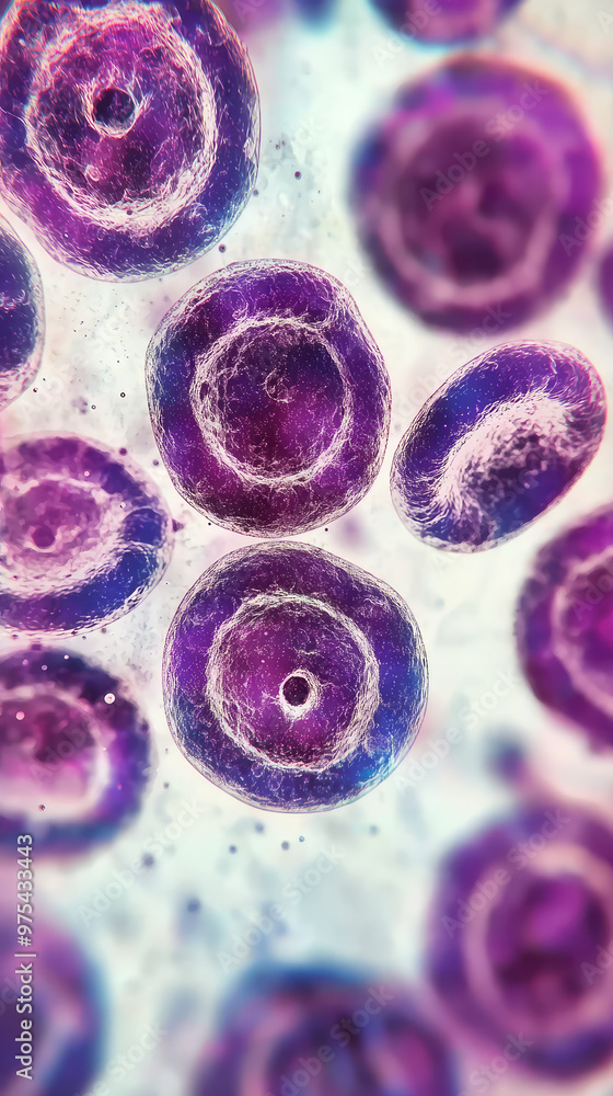 Poster zoomed in view of bone marrow cells under microscope, showcasing their intricate structure and vibra