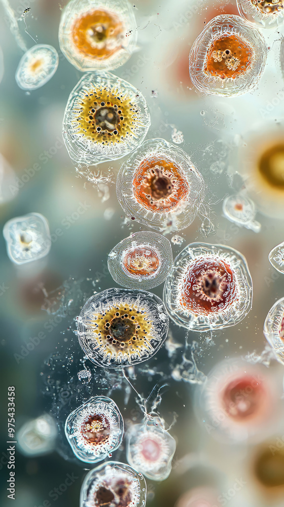 Poster zoomed in view of parasitic organisms in biological setting, showcasing intricate details and vibran
