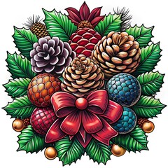 Fototapeta premium Festive Arrangement of Pine Cones, Holly Berries, and Red Ribbon for Christmas Decoration