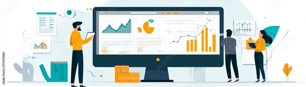 Poster business people analyzing data graphs on computer screen