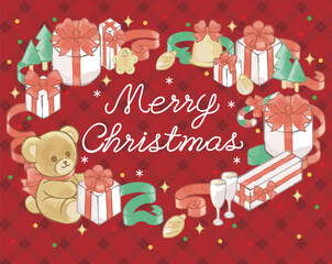 クリスマス　手描き　水彩　フレーム　文字　背景　かわいい　コピースペース　イラスト素材