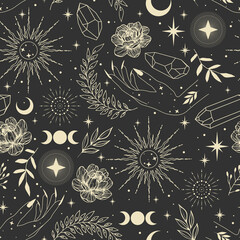 Seamless magic pattern with sun, moon, crystal, stars. Vector elements on dark background. Cosmos print. © Любовь Овсянникова