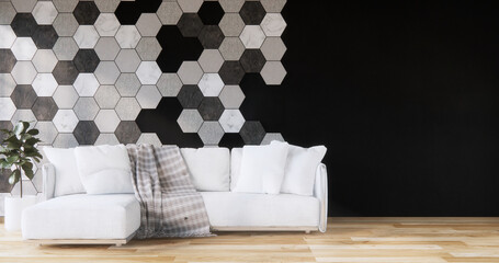 armchair sofa and decoration plants on hexagon tiles wall Modern room minimalist.3D rendering