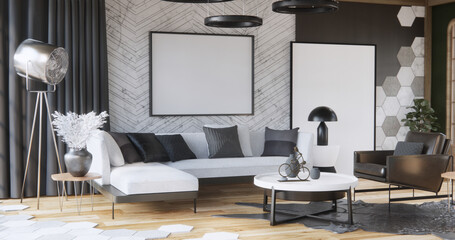 armchair sofa and decoration plants on hexagon tiles wall Modern room minimalist.3D rendering