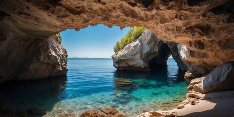 Fototapeta premium Sea Cave Entrance with Crystal Clear Water and Blue Sky.