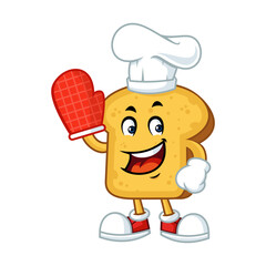 Happy cartoon toast chef character wearing a hat and oven mitt.