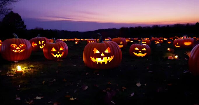 Halloween pumpkins glowing in spooky dark foggy forest. Camera slowly zoom out showing a lot of halloween pumpkins